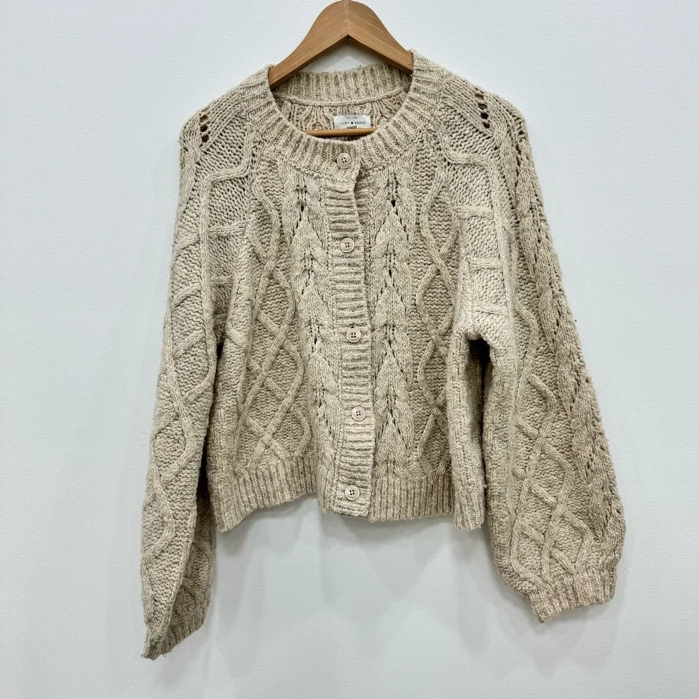 Lucky Brand Cozy Cable Knit Button Front Cardigan Cream size Medium cottage core - Picture 8 of 8